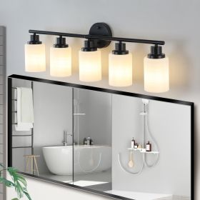 Modern 5-Light Vanity Bathroom Mirror Light, Frosted White Glass with Black Iron Frame, Contemporary Wall Sconce for Bedroom, Bathroom