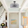 Modern Crystal Drum Chandelier, 6-Light Pendant Lighting Fixture with Black Metal Frame for Living Room, Dining Room, and Bedroom (Bulbs Not Included)