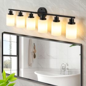 Modern 6-Light Vanity Bathroom Mirror Light, Frosted White Glass with Black Iron Frame, Contemporary Wall Sconce for Bedroom, Bathroom (Color: as Pic)